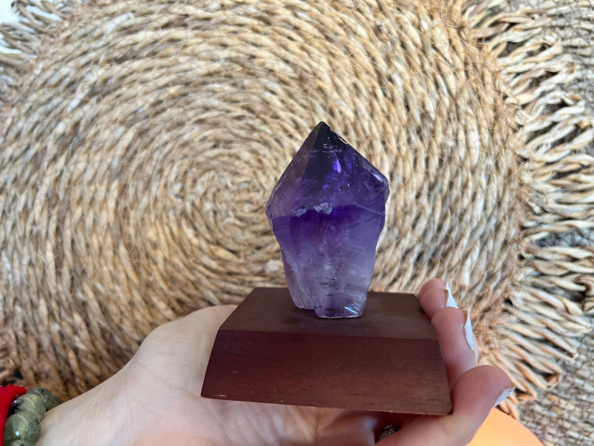 Natural Amethyst Point on Wooden Base