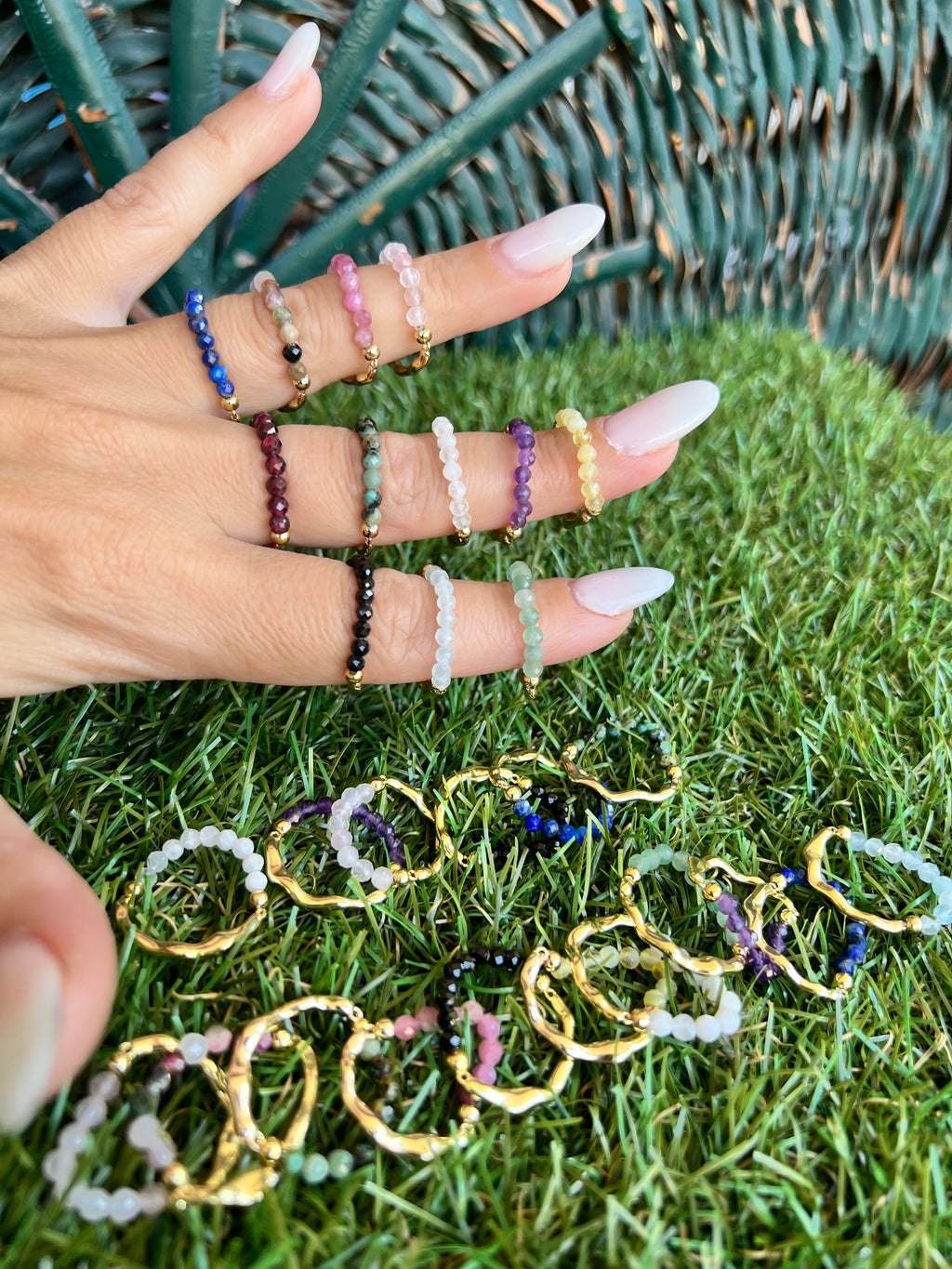 Natural Gemstone & Brass Elastic Ring – Faceted 3 mm Crystal Beads