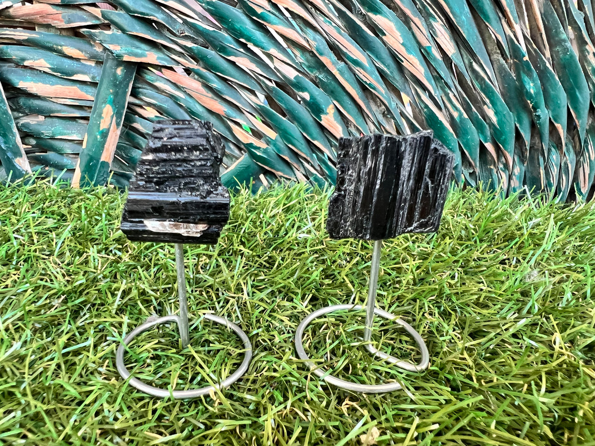 Natural Raw Black Tourmaline on Metal Stand | Crystal Display | Approx. 8 cm | Protection, Grounding & Energy Shielding