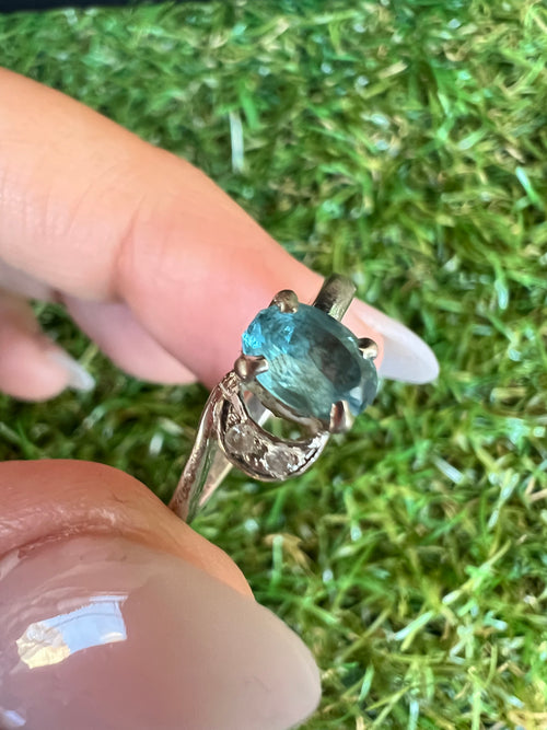 Genuine Natural Blue Topaz Crescent Moon Ring in 925 Sterling Silver