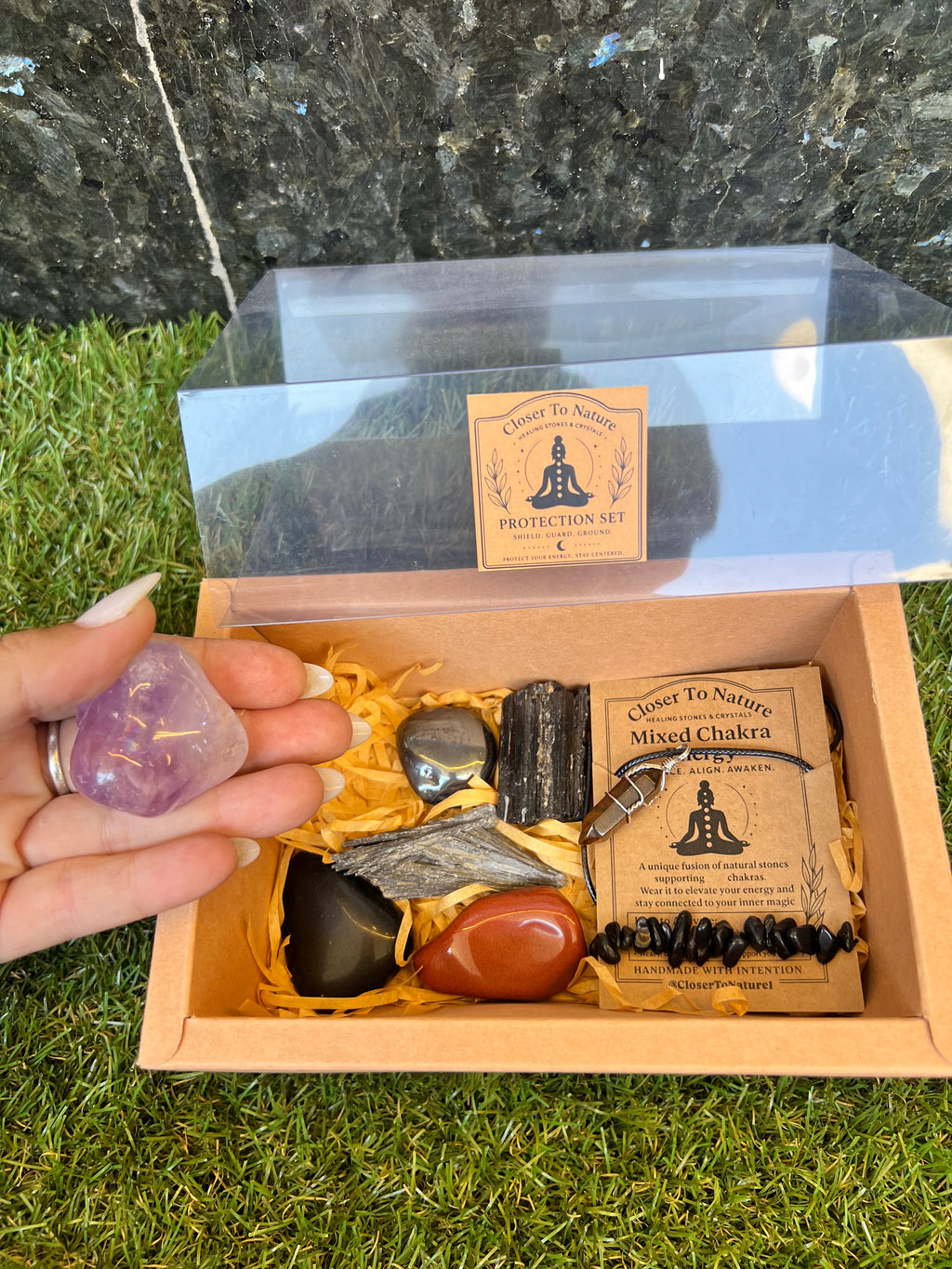 Protection Intention Crystal Gift Set | Natural Crystal Healing Box with Bracelet & Necklace