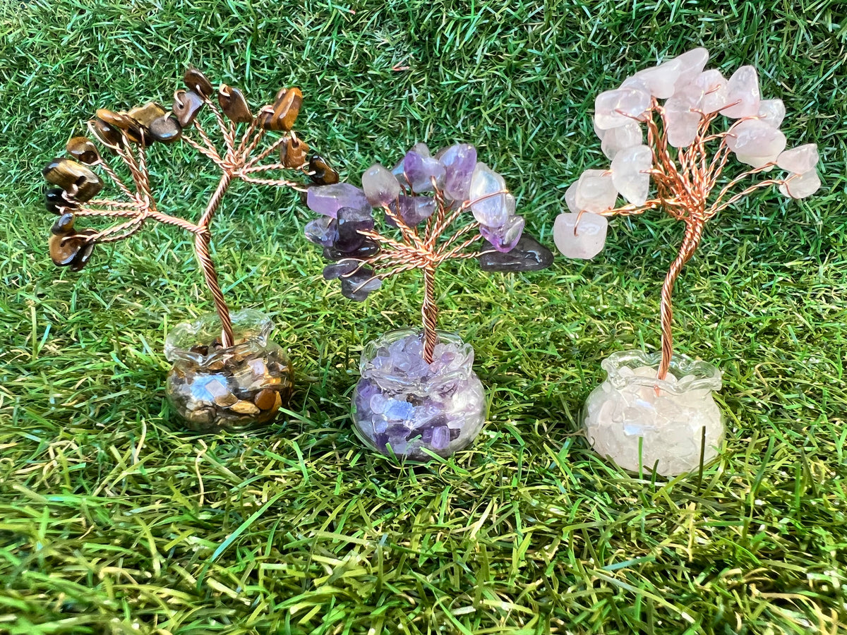 Mini Natural Crystal Tree in Glass Bowl | Rose Quartz, Amethyst & Tiger’s Eye | Handmade Gemstone Décor