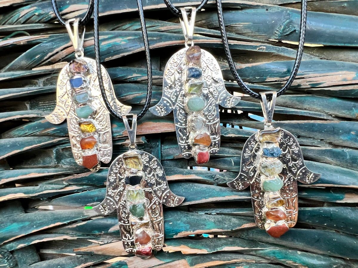 Seven Chakra Genuine Gemstone Hamsa Necklace | Silver-Tone Hand Pendant | Protection, Good Luck & Balance