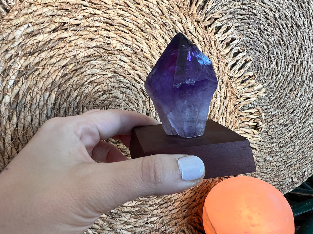 Natural Amethyst Point on Wooden Base
