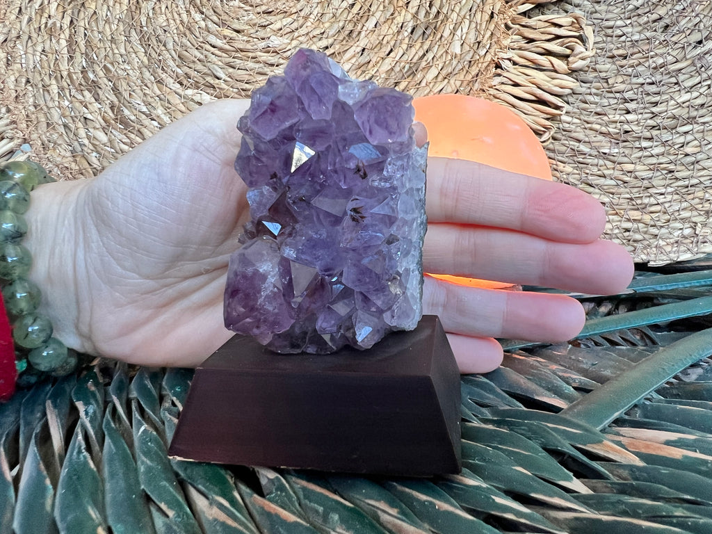 Natural Amethyst Cluster on Wooden Base
