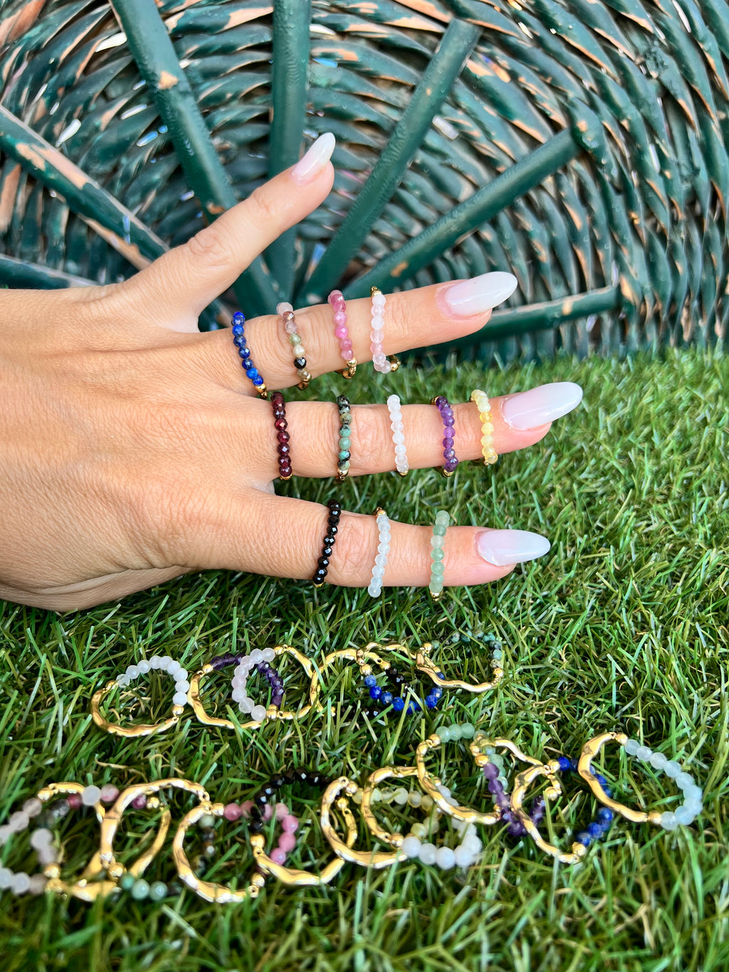 Natural Gemstone & Brass Elastic Ring – Faceted 3 mm Crystal Beads