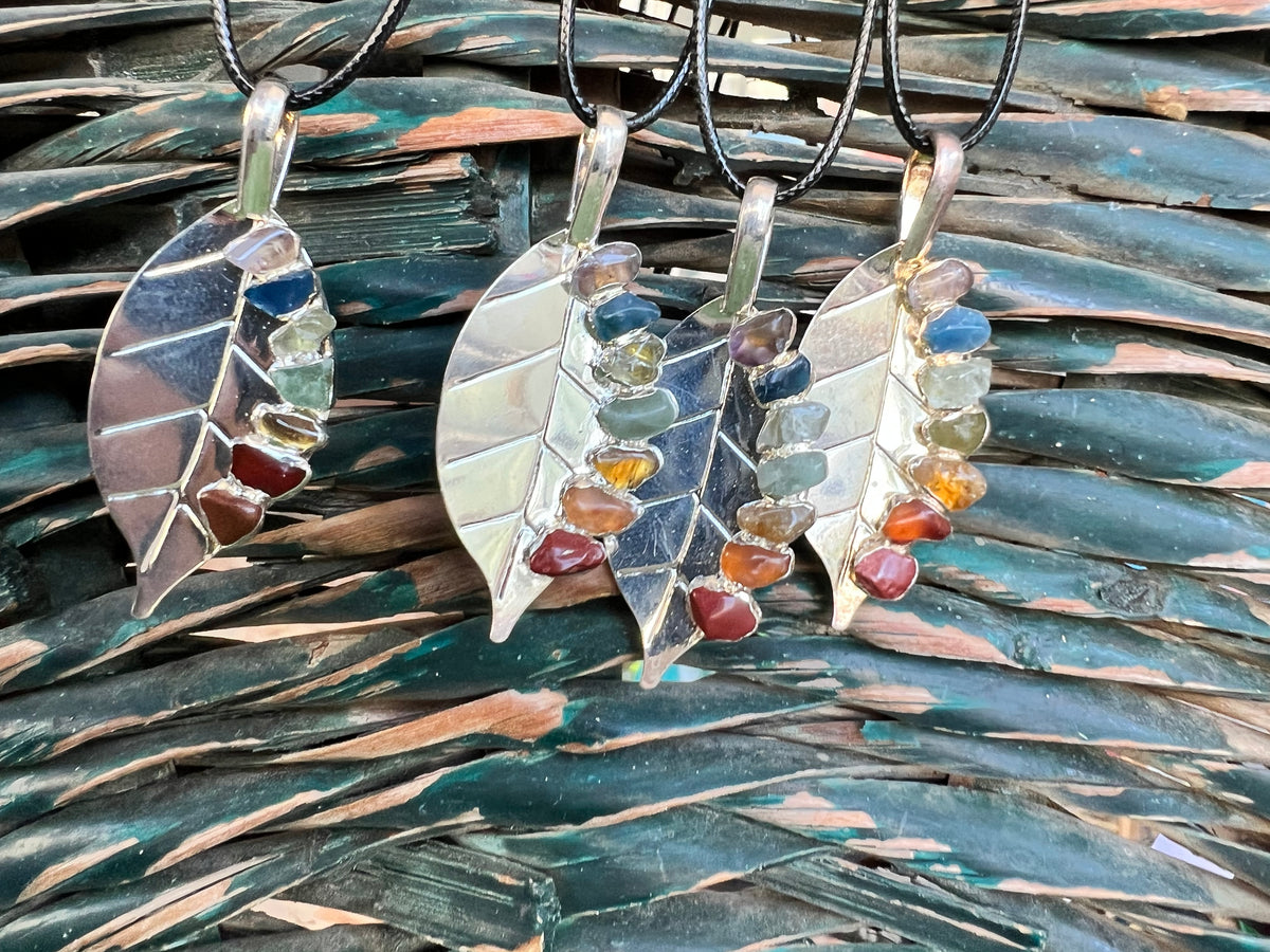 Seven Chakra Genuine Gemstone Leaf Necklace | Silver-Tone Tree Leaf Pendant | Chakra Balance & Energy