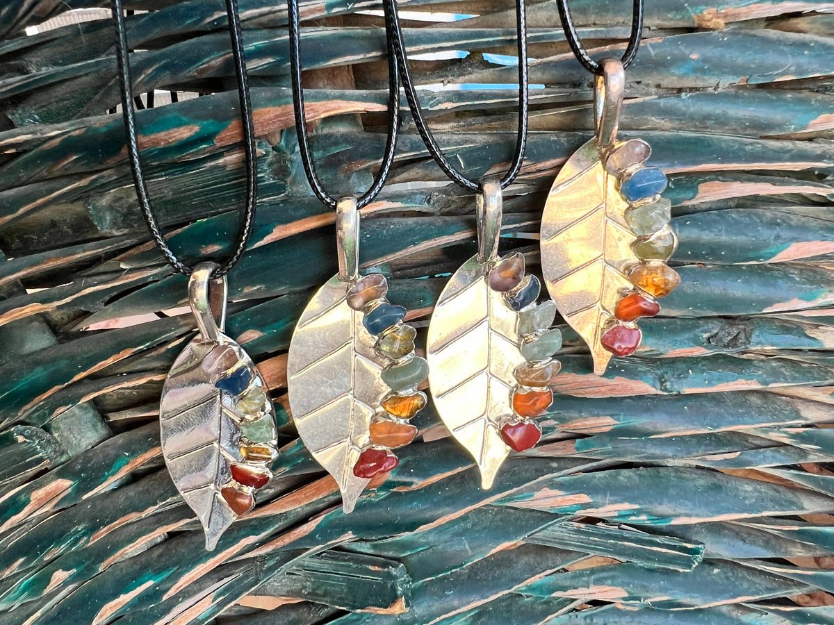 Seven Chakra Genuine Gemstone Leaf Necklace | Silver-Tone Tree Leaf Pendant | Chakra Balance & Energy