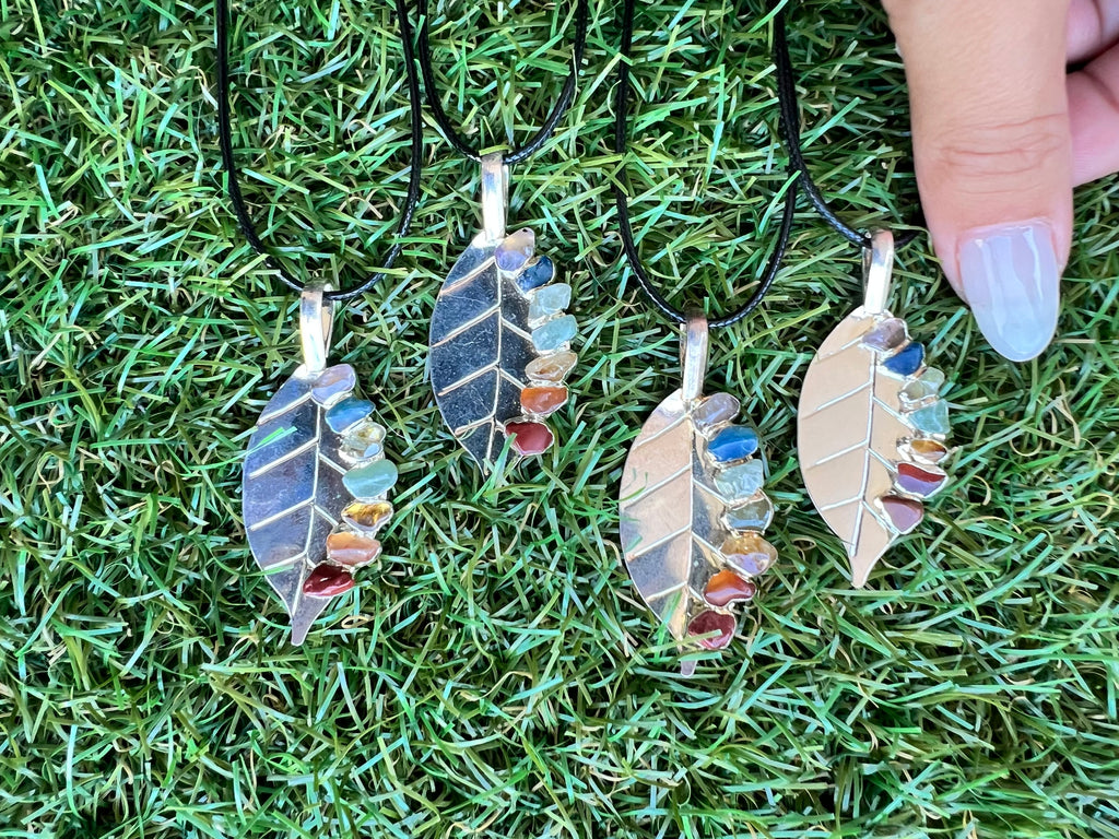 Seven Chakra Genuine Gemstone Leaf Necklace | Silver-Tone Tree Leaf Pendant | Chakra Balance & Energy