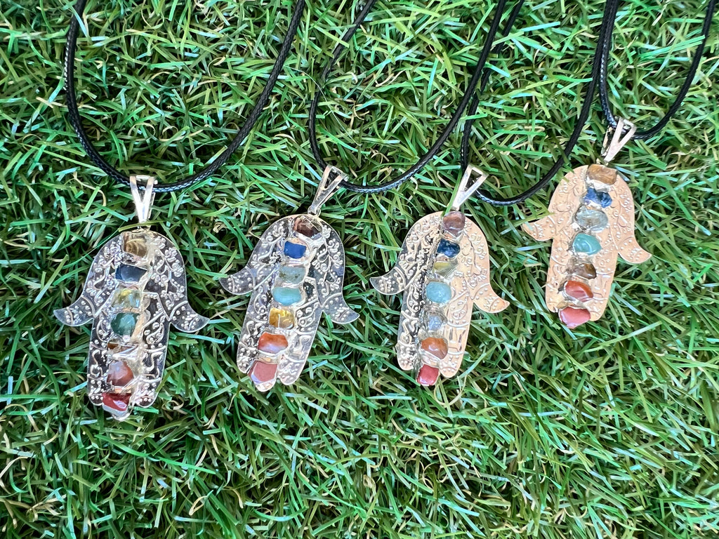Seven Chakra Genuine Gemstone Hamsa Necklace | Silver-Tone Hand Pendant | Protection, Good Luck & Balance