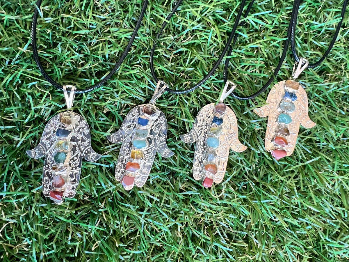 Seven Chakra Genuine Gemstone Hamsa Necklace | Silver-Tone Hand Pendant | Protection, Good Luck & Balance