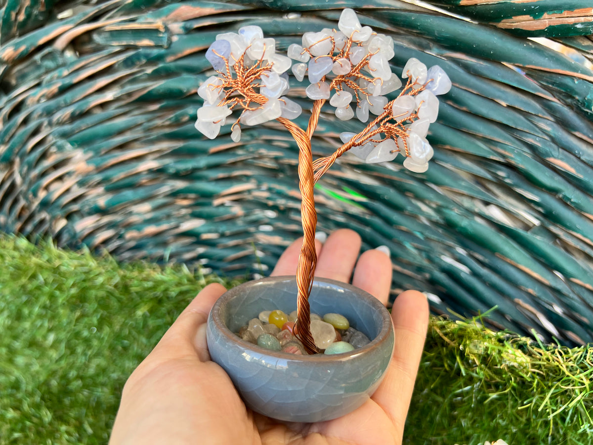 Natural Blue Agate Bonsai Tree with 7 Chakra Gemstone Base | Harmony, Communication & Balance