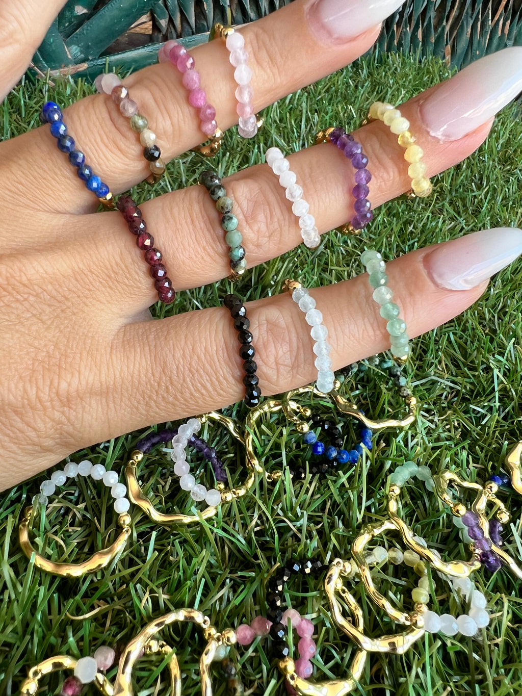 Natural Gemstone & Brass Elastic Ring – Faceted 3 mm Crystal Beads