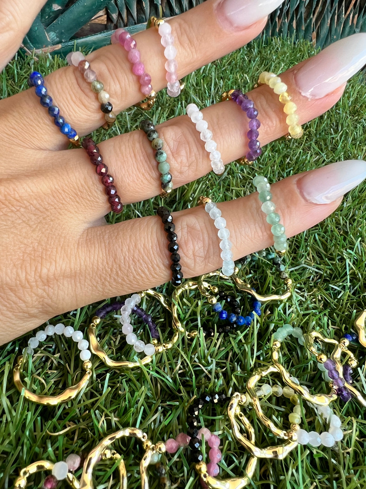 Natural Gemstone & Brass Elastic Ring – Faceted 3 mm Crystal Beads