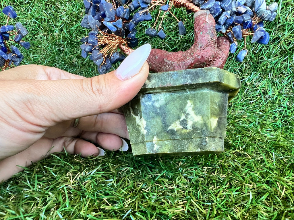 Natural Sodalite Bonsai Tree | Genuine Gemstone Tree in a Hand-Carved Natural Green Stone Pot | Wisdom & Communication