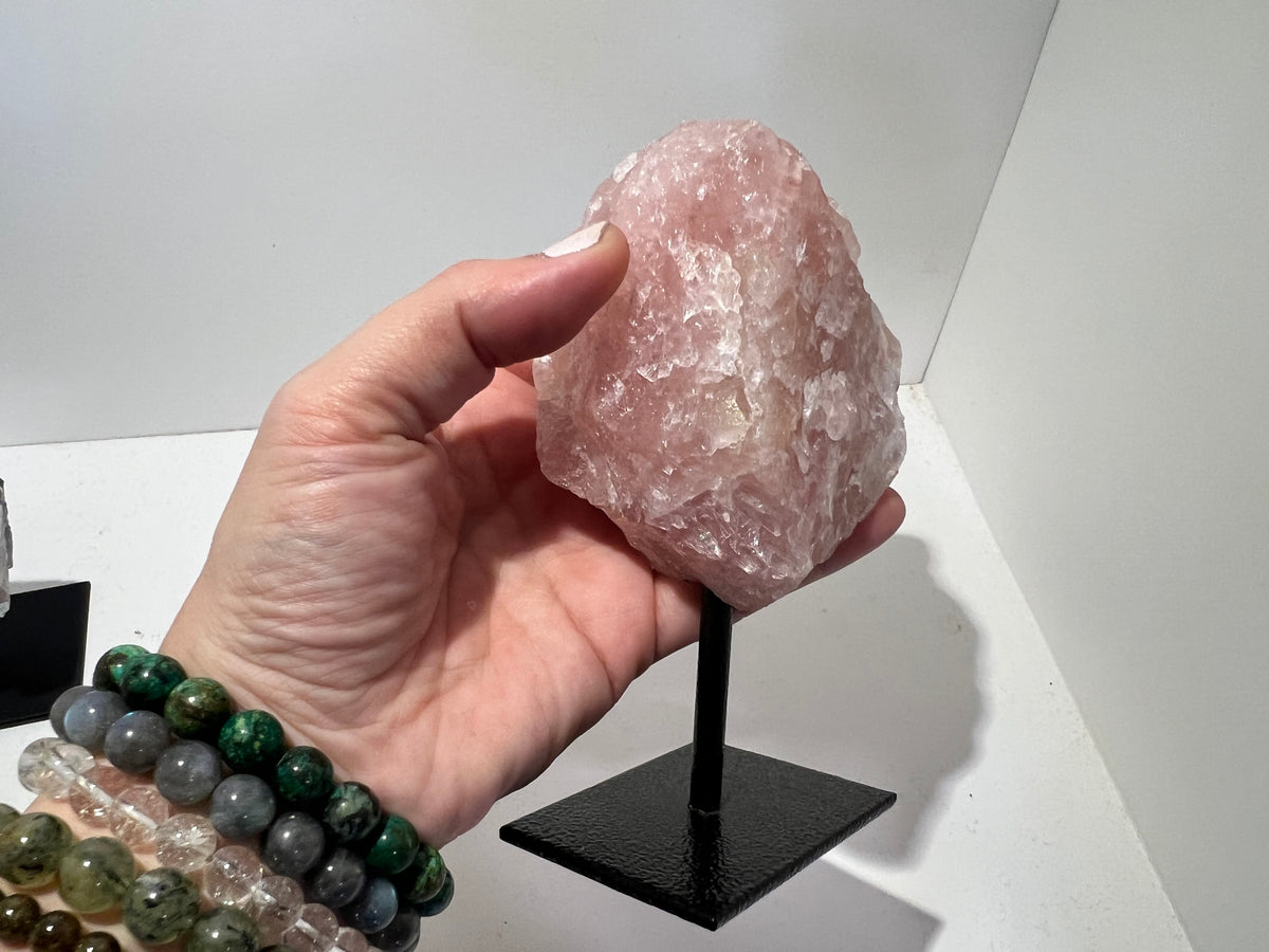 Natural Rose Quartz on Metal Stand – 515 g