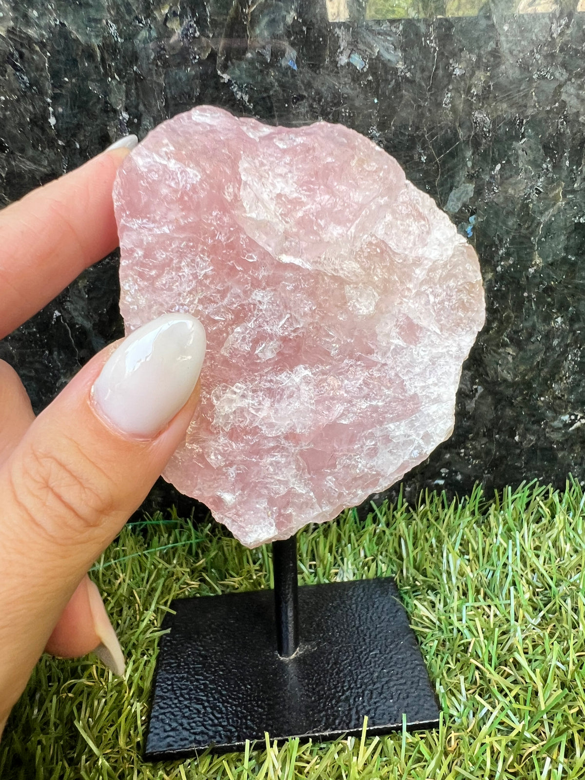 Natural Rose Quartz on Metal Stand – 515 g