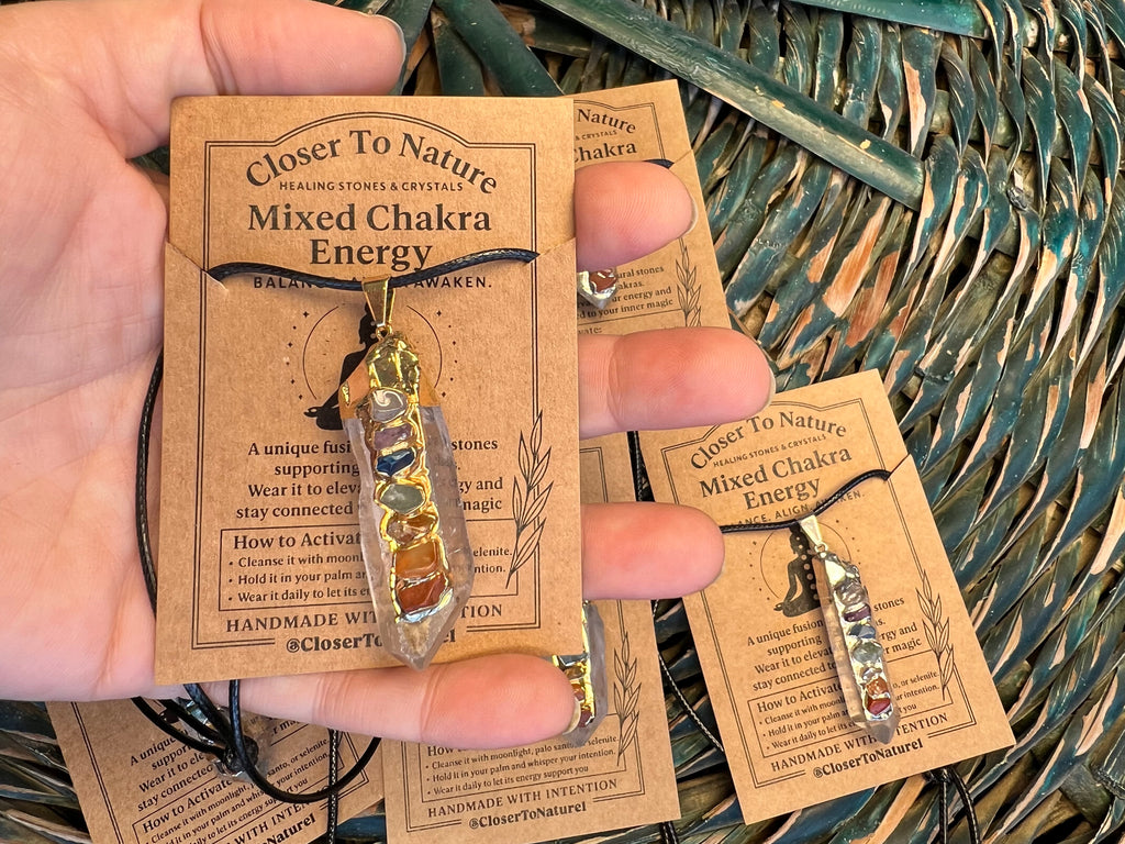 Natural Clear Quartz Point Necklace with 7 Chakra Stones