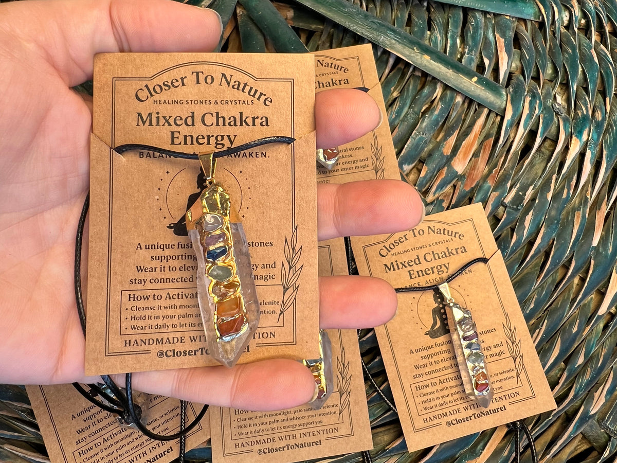 Natural Clear Quartz Point Necklace with 7 Chakra Stones