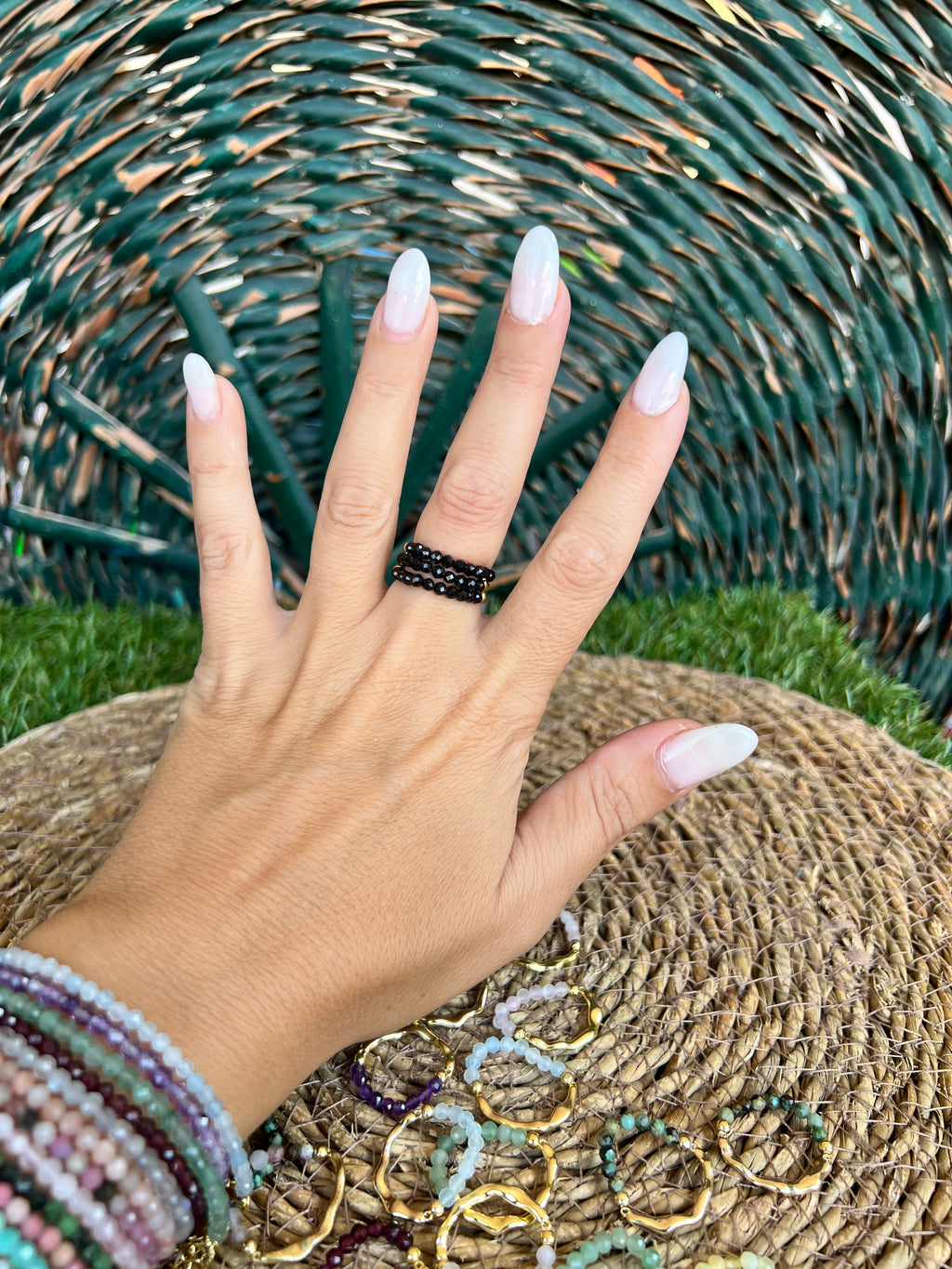 Natural Gemstone & Brass Elastic Ring – Faceted 3 mm Crystal Beads