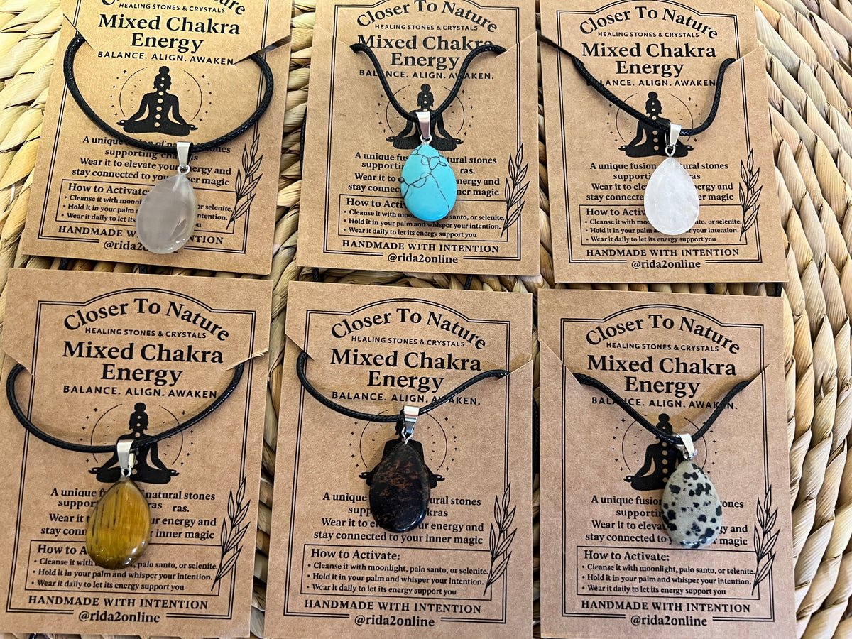 Natural Crystal Teardrop Pendant Necklace - Black Cord (Adjustable)