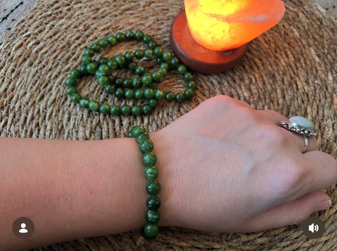 Natural Nephrite Jade Prosperity & Good Fortune Bracelet – 8mm Genuine Elastic Beaded Bracelet