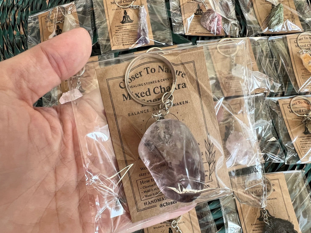 Natural Raw & Polished Crystal Gemstone Keychain – Protection, Abundance & Positive Energy