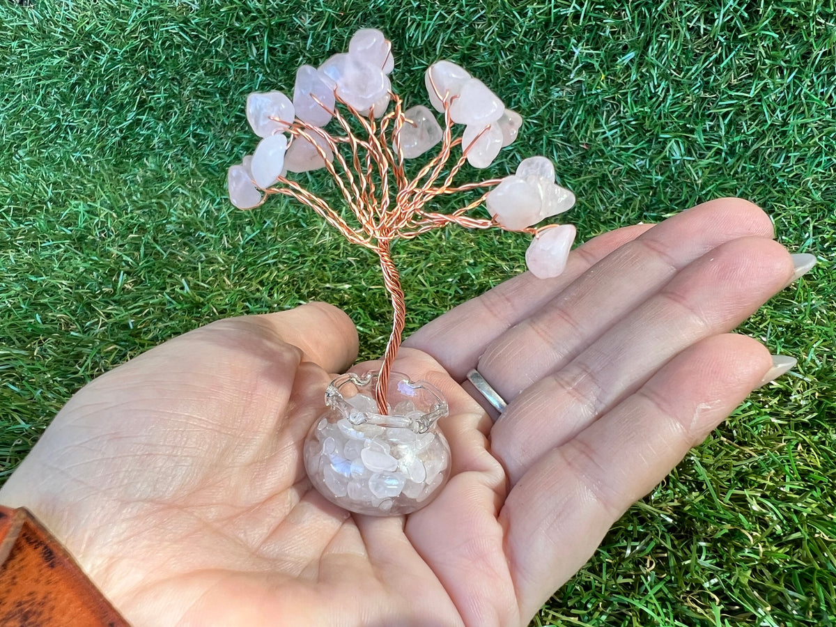 Mini Natural Crystal Tree in Glass Bowl | Rose Quartz, Amethyst & Tiger’s Eye | Handmade Gemstone Décor