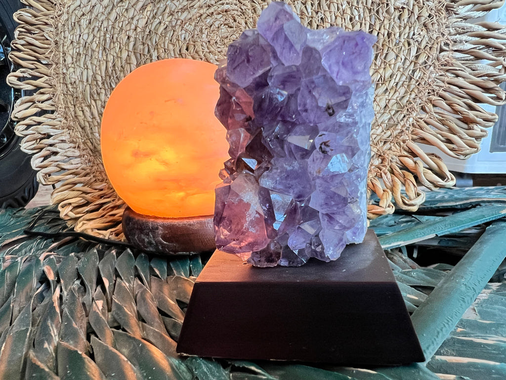 Natural Amethyst Cluster on Wooden Base