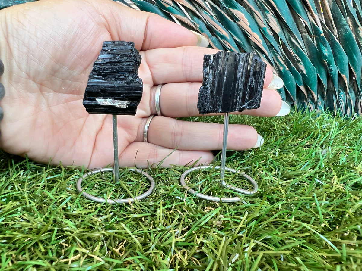 Natural Raw Black Tourmaline on Metal Stand | Crystal Display | Approx. 8 cm | Protection, Grounding & Energy Shielding