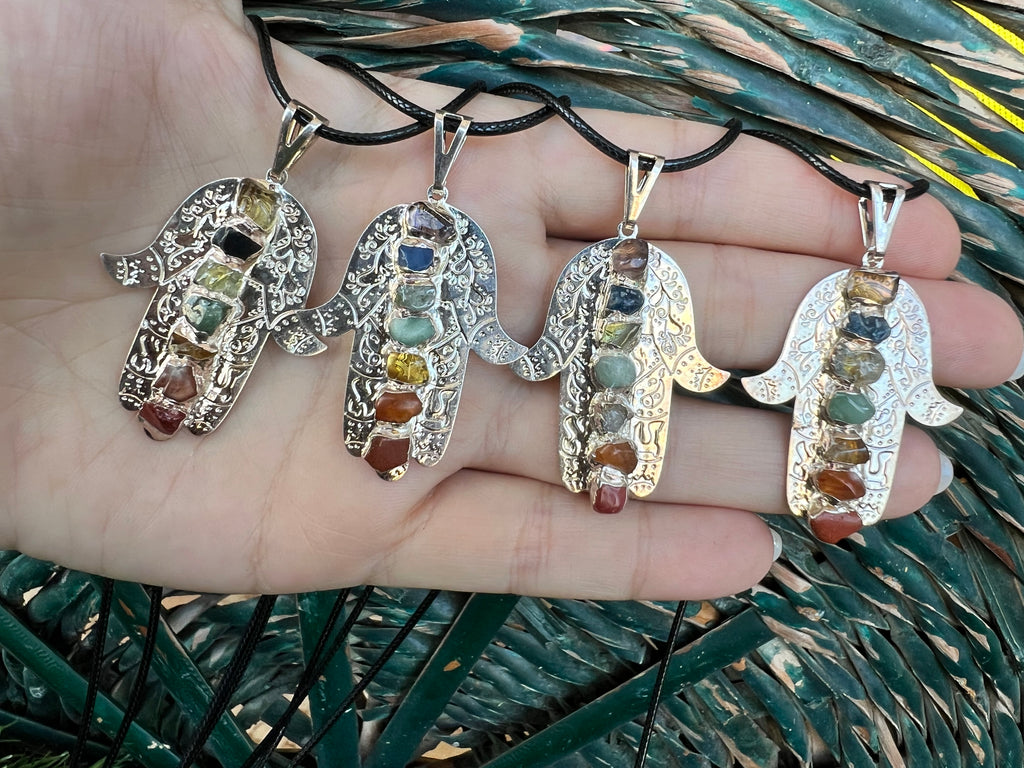 Seven Chakra Genuine Gemstone Hamsa Necklace | Silver-Tone Hand Pendant | Protection, Good Luck & Balance