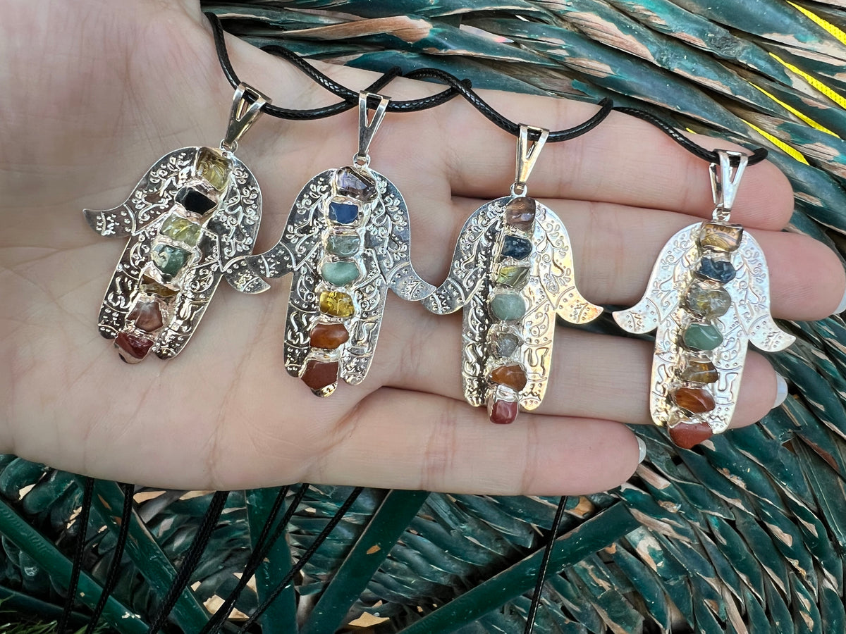Seven Chakra Genuine Gemstone Hamsa Necklace | Silver-Tone Hand Pendant | Protection, Good Luck & Balance