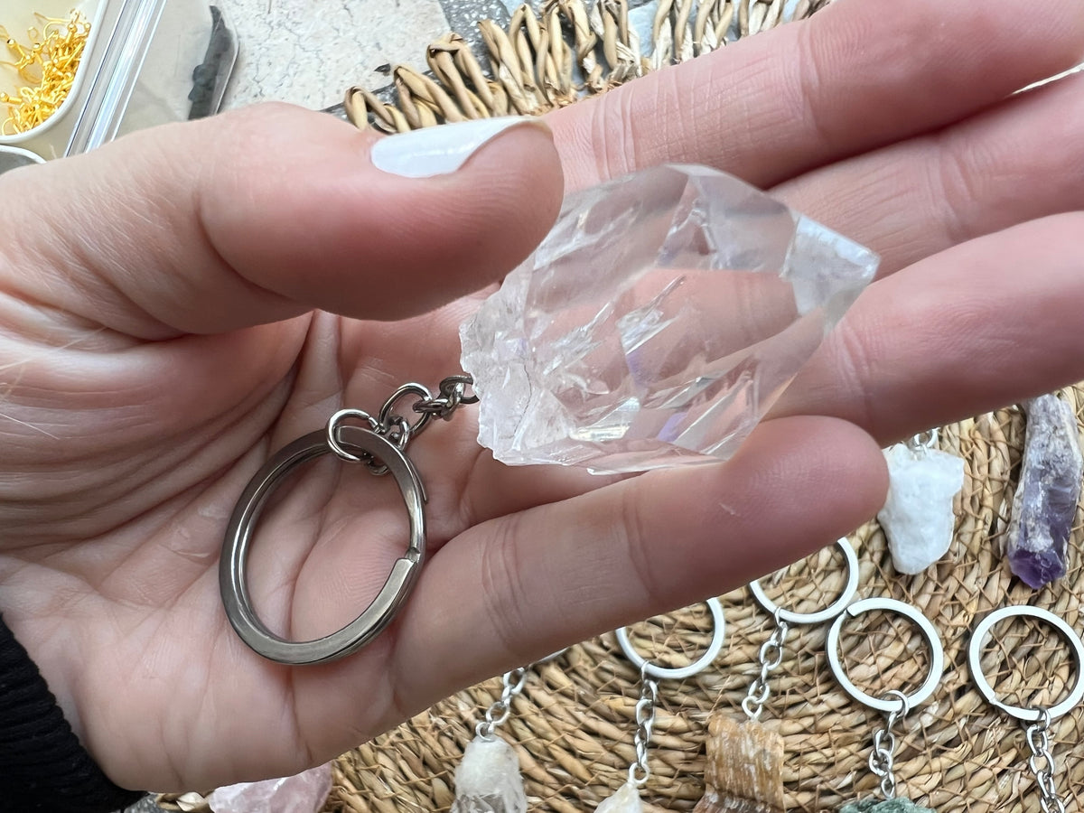 Natural Raw & Polished Crystal Gemstone Keychain – Protection, Abundance & Positive Energy