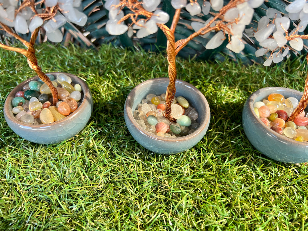 Natural Blue Agate Bonsai Tree with 7 Chakra Gemstone Base | Harmony, Communication & Balance