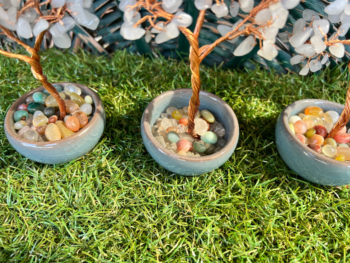 Natural Blue Agate Bonsai Tree with 7 Chakra Gemstone Base | Harmony, Communication & Balance