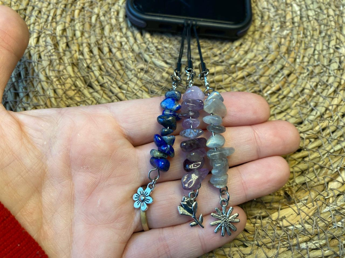 Natural Crystal Chip Phone Charm & Keychain – Genuine Gemstone Bag Charm