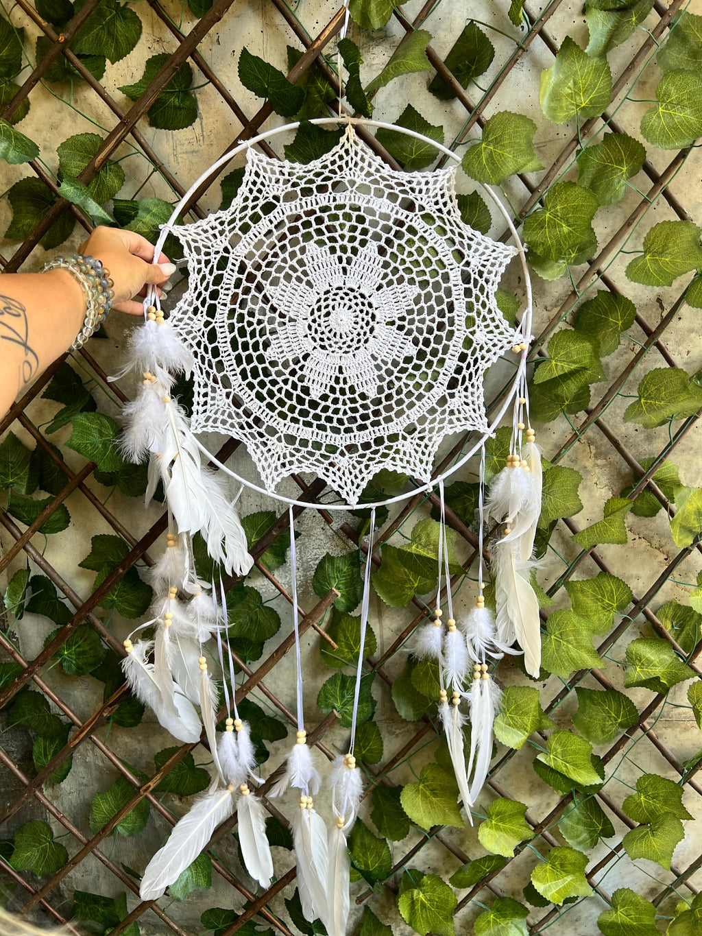 XL White Dream Catcher – Peace, Protection & Serene Energy | Large Feather Wall Hanging