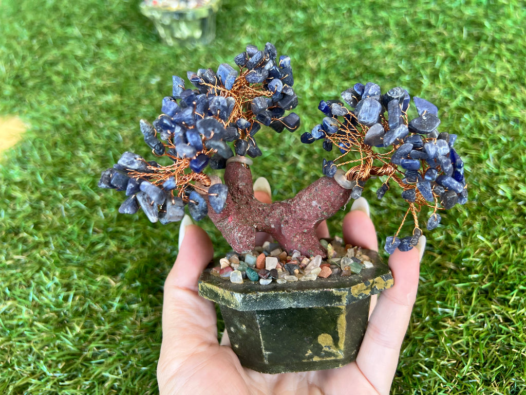 Natural Sodalite Bonsai Tree | Genuine Gemstone Tree in a Hand-Carved Natural Green Stone Pot | Wisdom & Communication