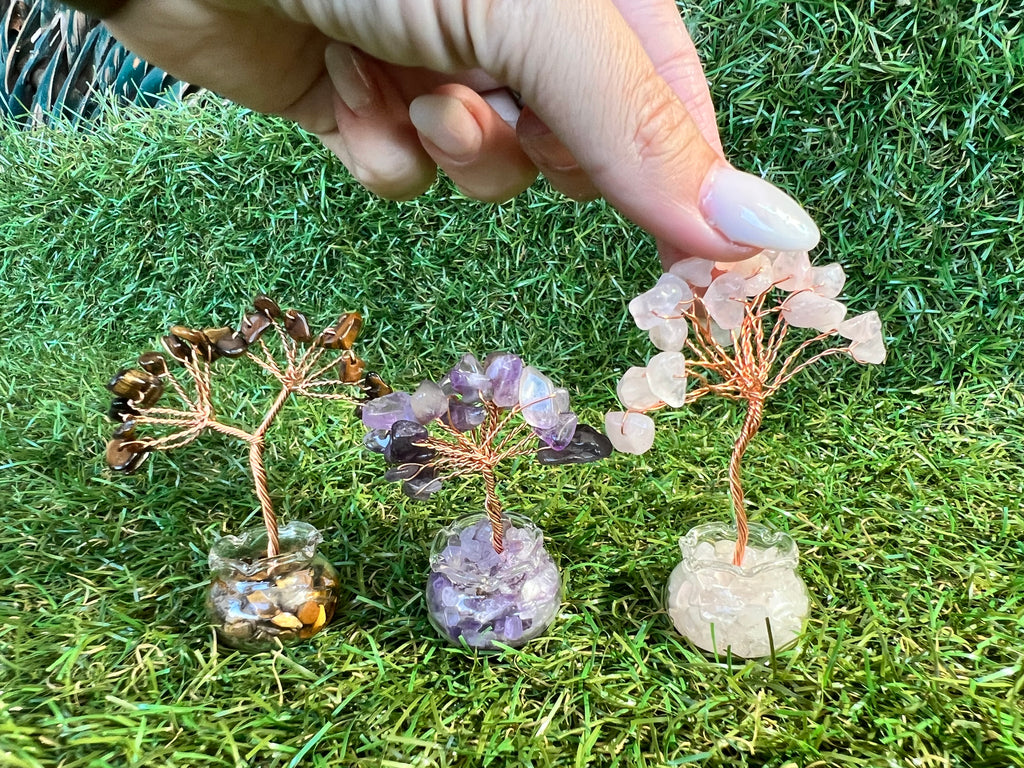 Mini Natural Crystal Tree in Glass Bowl | Rose Quartz, Amethyst & Tiger’s Eye | Handmade Gemstone Décor