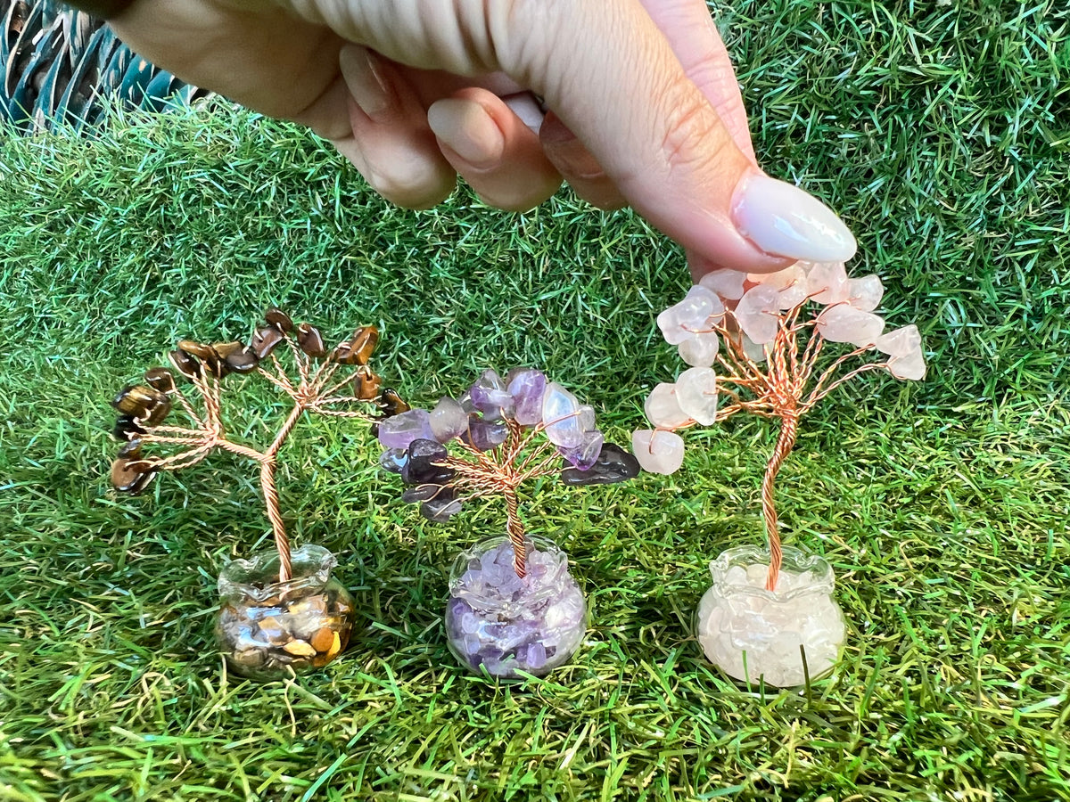 Mini Natural Crystal Tree in Glass Bowl | Rose Quartz, Amethyst & Tiger’s Eye | Handmade Gemstone Décor