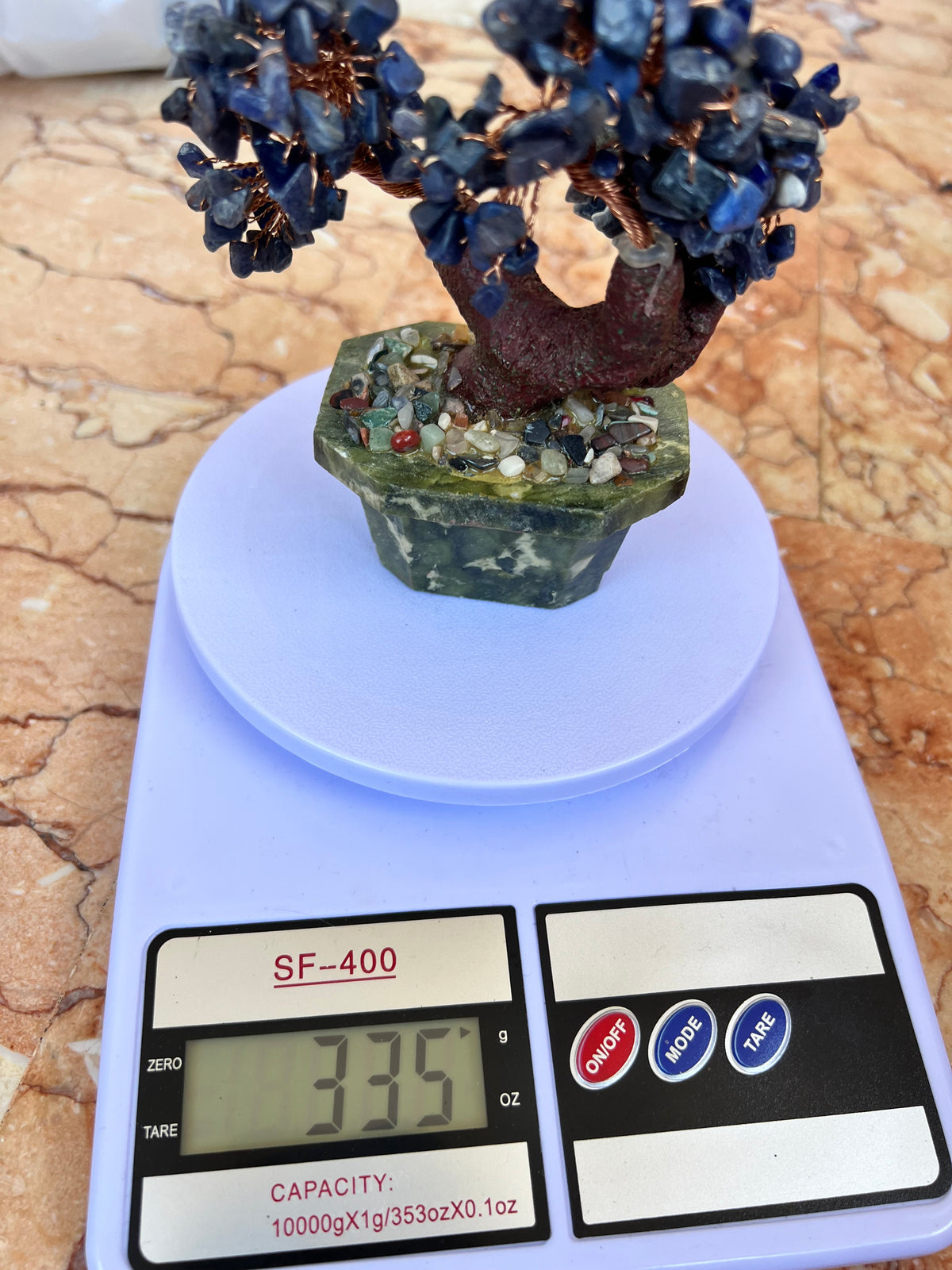 Natural Sodalite Bonsai Tree | Genuine Gemstone Tree in a Hand-Carved Natural Green Stone Pot | Wisdom & Communication