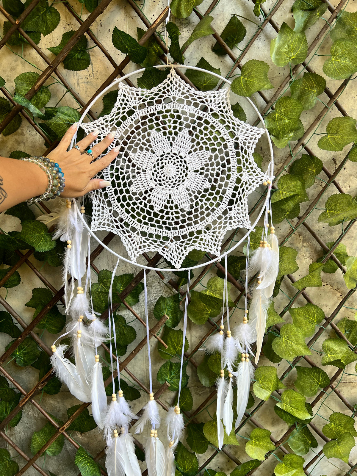 XL White Dream Catcher – Peace, Protection & Serene Energy | Large Feather Wall Hanging