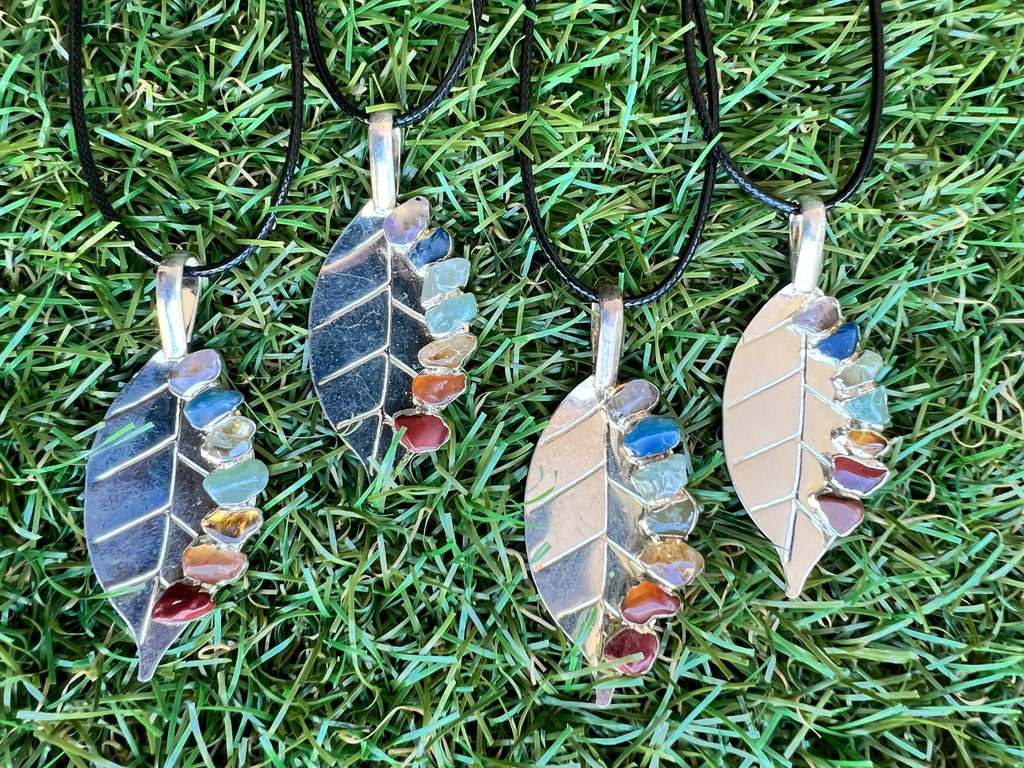 Seven Chakra Genuine Gemstone Leaf Necklace | Silver-Tone Tree Leaf Pendant | Chakra Balance & Energy