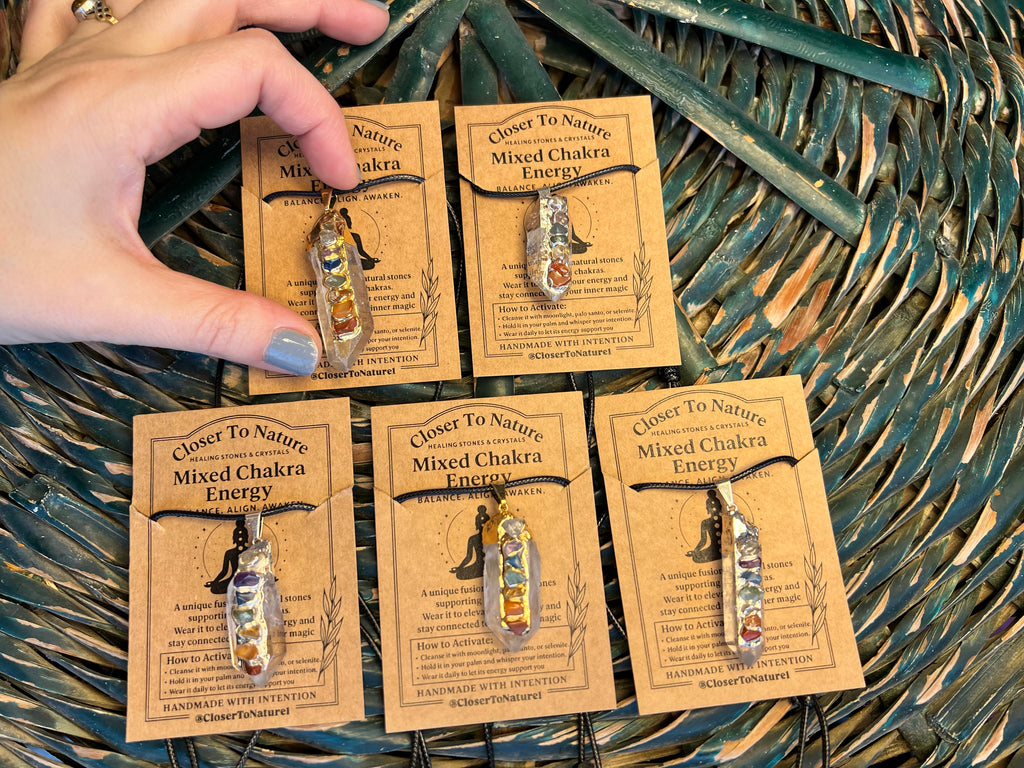 Natural Clear Quartz Point Necklace with 7 Chakra Stones