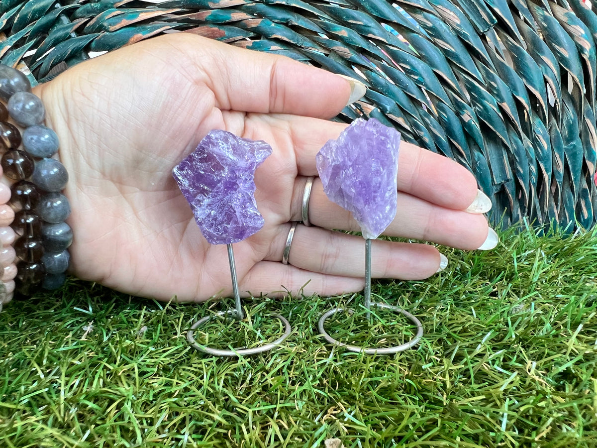 Natural Raw Amethyst on Metal Stand | Crystal Display | Approx. 8 cm | Protection, Calm & Intuition