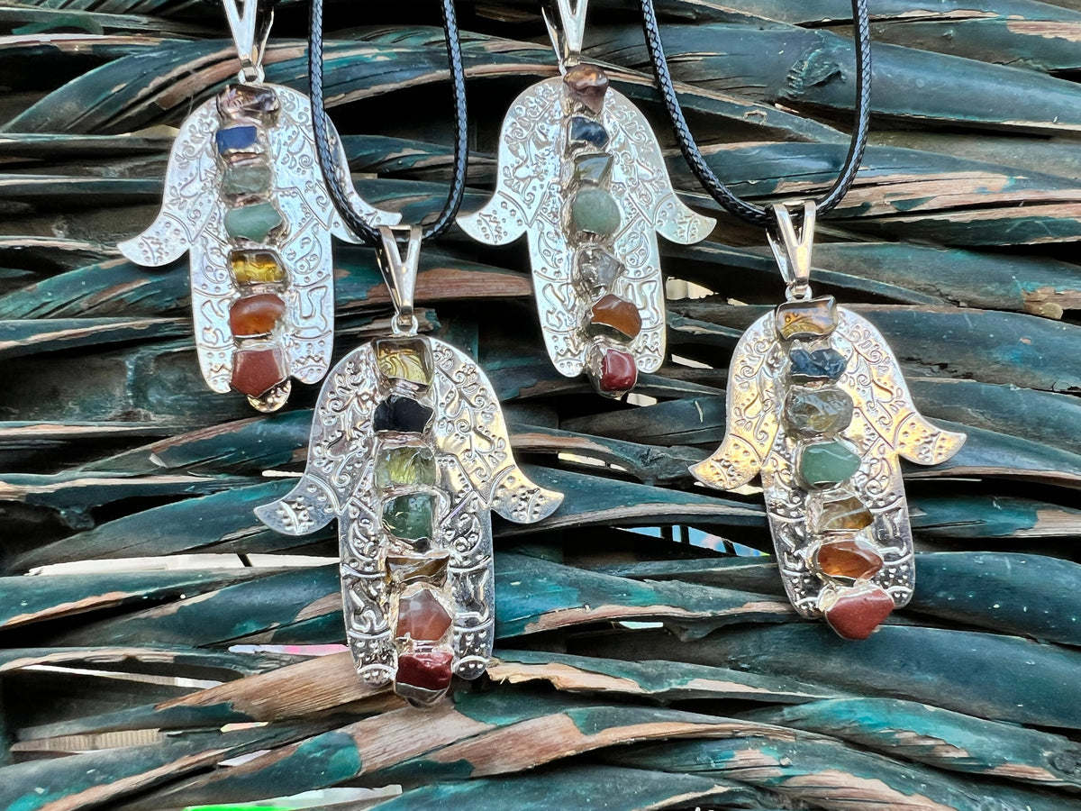 Seven Chakra Genuine Gemstone Hamsa Necklace | Silver-Tone Hand Pendant | Protection, Good Luck & Balance