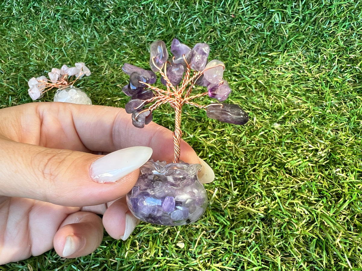 Mini Natural Crystal Tree in Glass Bowl | Rose Quartz, Amethyst & Tiger’s Eye | Handmade Gemstone Décor