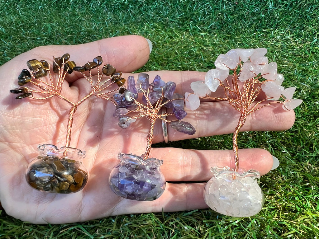 Mini Natural Crystal Tree in Glass Bowl | Rose Quartz, Amethyst & Tiger’s Eye | Handmade Gemstone Décor