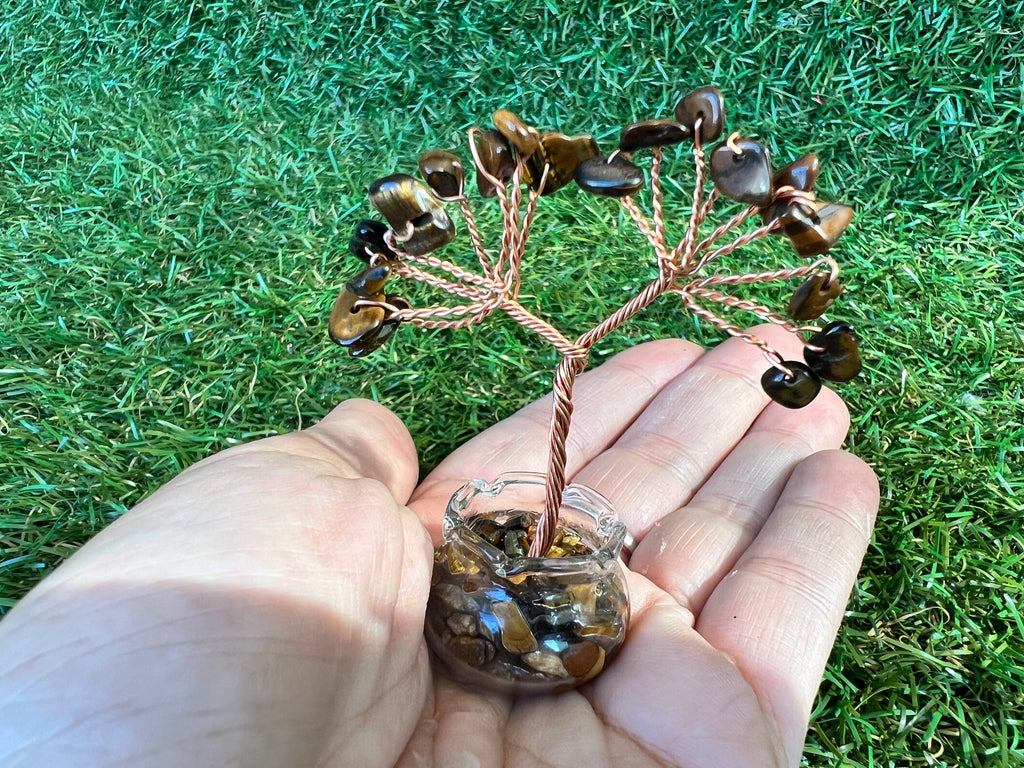 Mini Natural Crystal Tree in Glass Bowl | Rose Quartz, Amethyst & Tiger’s Eye | Handmade Gemstone Décor