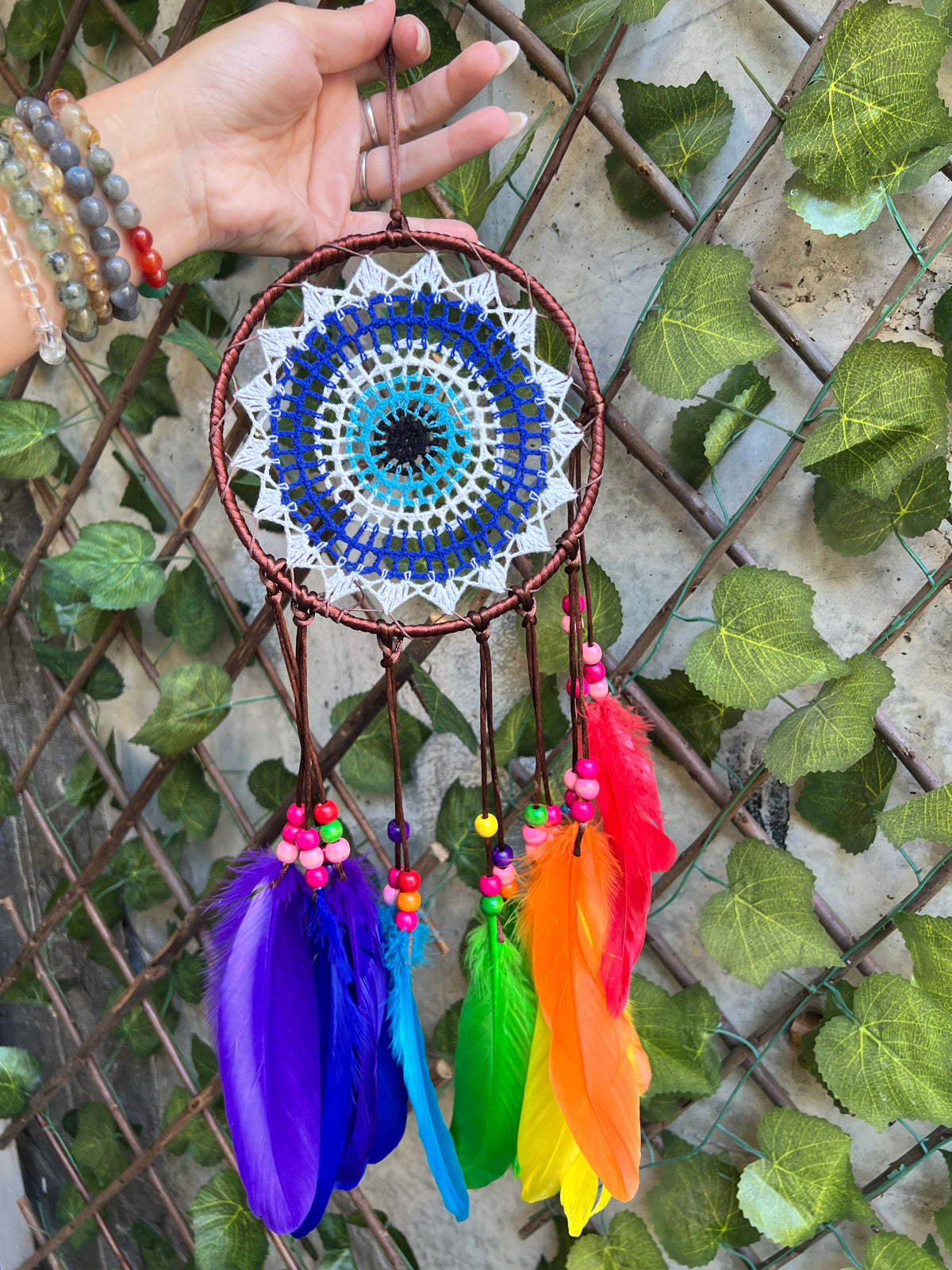 Rainbow Evil Eye Dream Catcher – Protection, Joy & Positive Energy | Multicolor Feathers